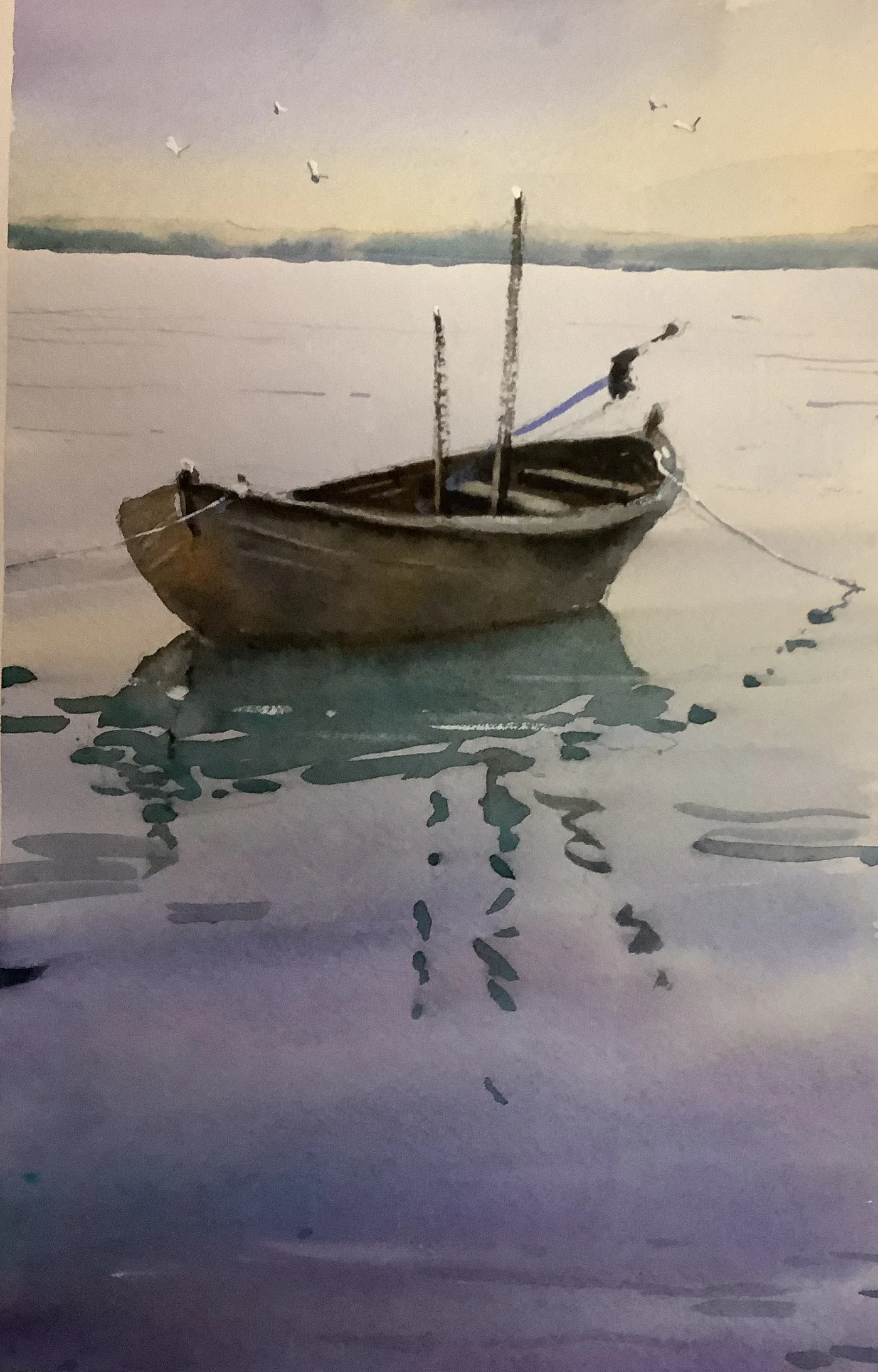 Aquarell: Ruderboot auf stillem Wasser