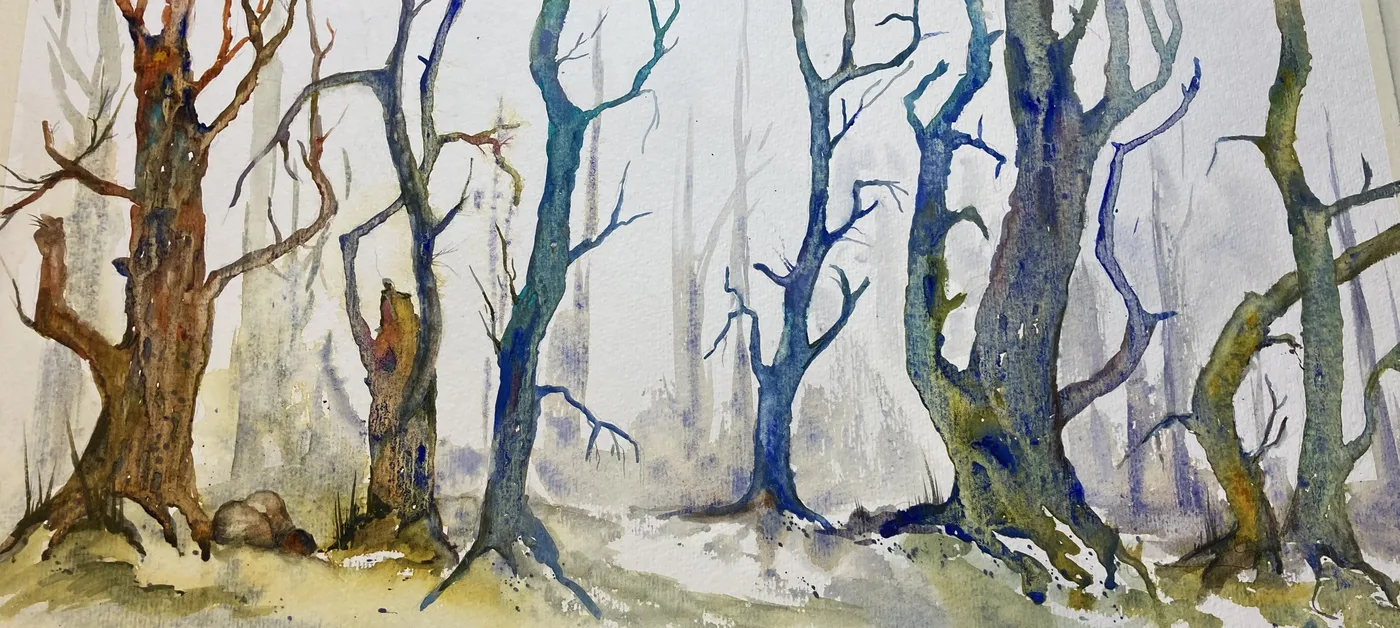 Aquarell: Kahle Bäume im Wald