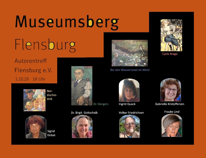 Ankündigungsflyer der Lesung „Geschichten zu Bildern“ auf dem Museumsberg Flensburg, mit Porträts der lesenden Autorinnen und Autoren, darunter Sigrid Dobat